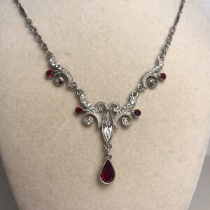 1928 Victorian Style Faux Diamond Ruby Teardrop Y Necklace Vintage Adjusts 18"